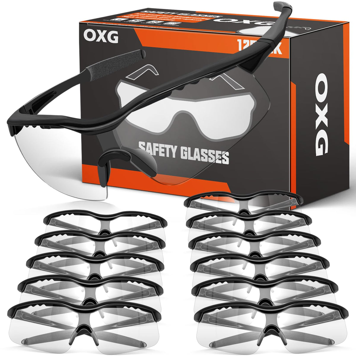 OXG 12-pack safety glasses packaging with clear lenses for shared use and storage