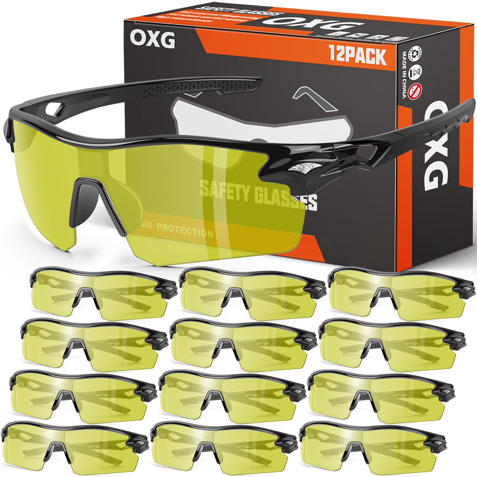 OXG 12-pack safety glasses in yellow packaging for easy storage and selection