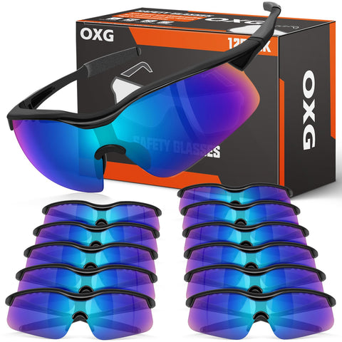 OXG 12-pack tinted safety glasses with wraparound design for all-day protection.