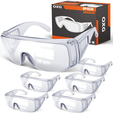 OXG 6-pack safety glasses over eyeglasses with anti-fog lenses for clear vision.