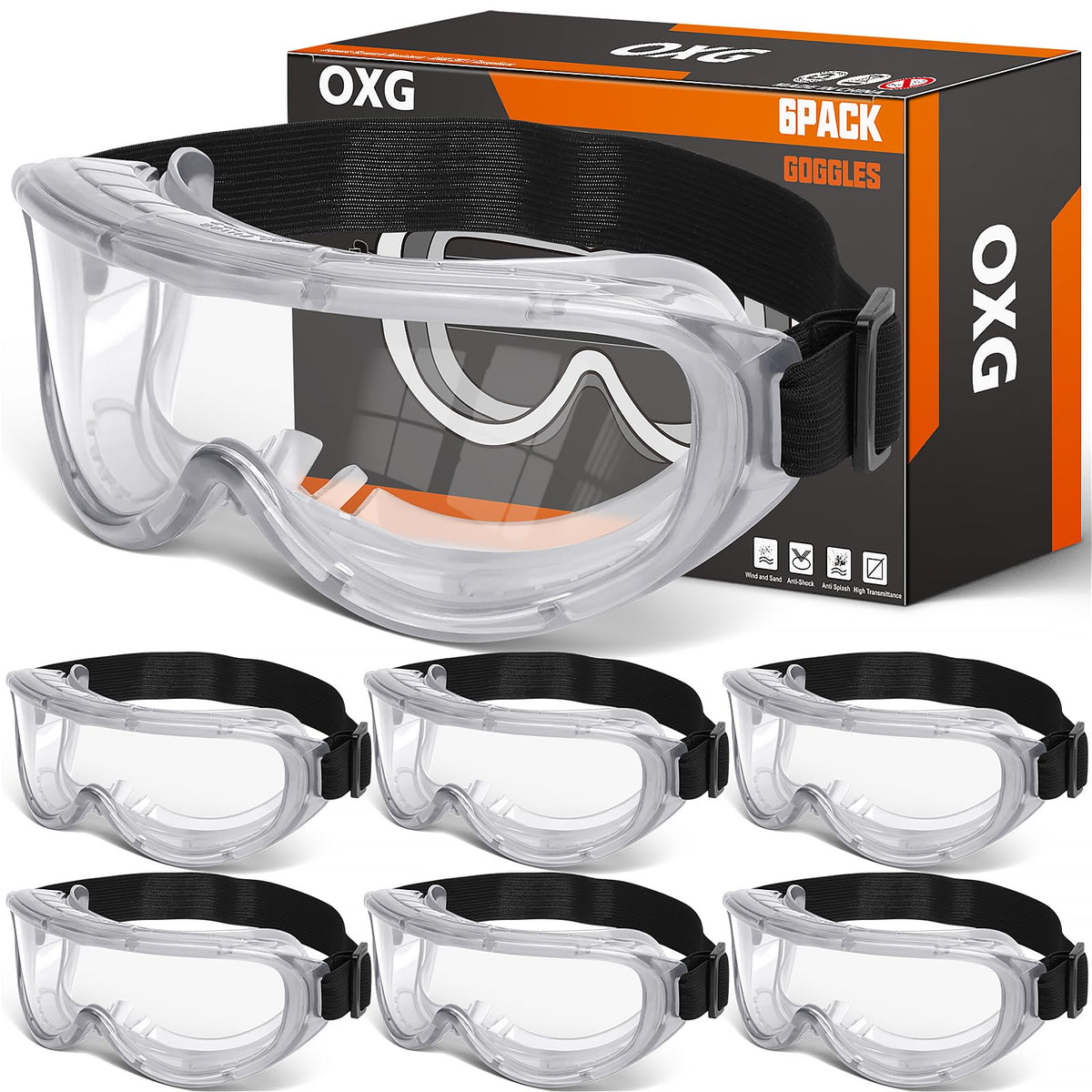 OXG safety goggles front view with anti-fog, anti-scratch lens for clear visibility.
