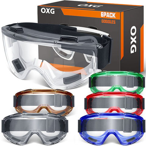 OXG 6-pack safety goggles packaging shows bulk protection for teams.