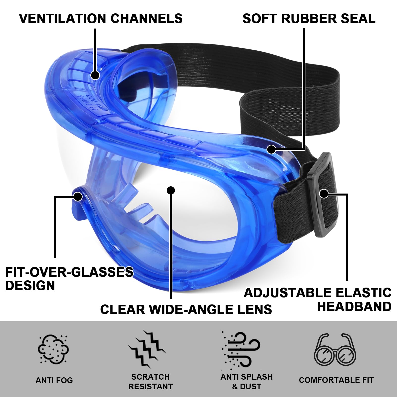 OXG wraparound frame for full eye protection and wide field of view.