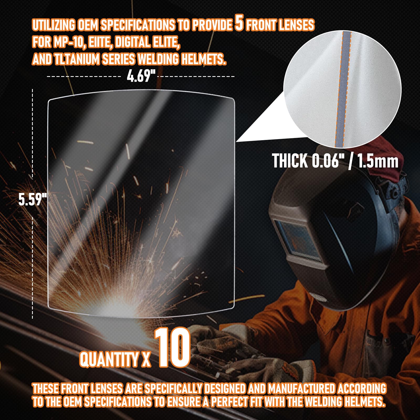 OXING 216326 lens with scratch-resistant polycarbonate shields from sparks and debris.