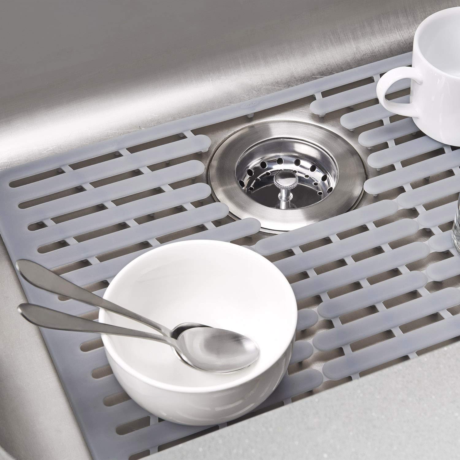 OXO Good Grips silicone sink mat large dimensions 16-25x12-75 inches.