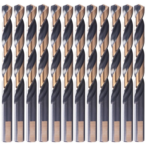 OXTUL 12-piece drill bits with bright finish for metal, wood, and plastics.