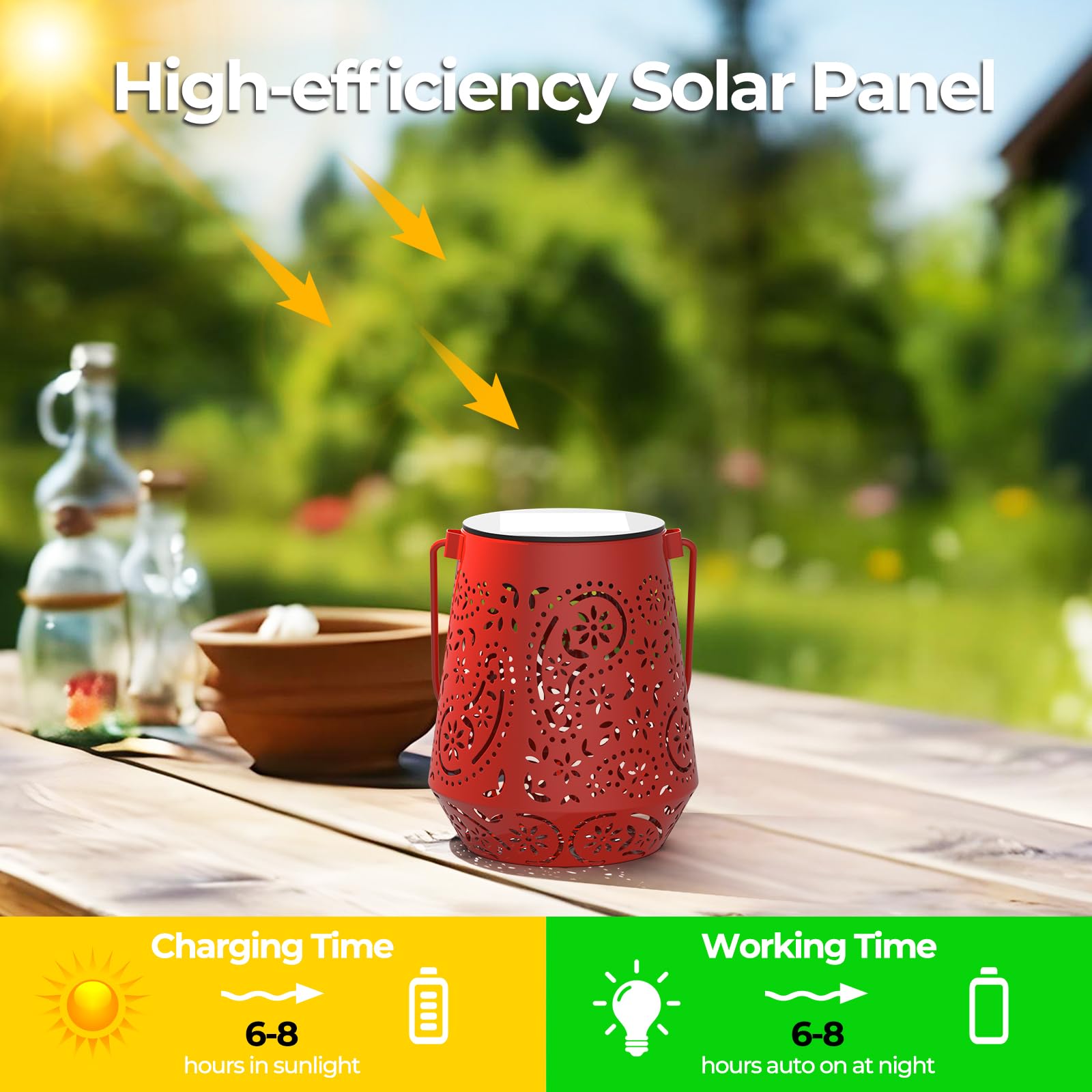 OxyLED green hanging solar lantern brightens yard pathways.