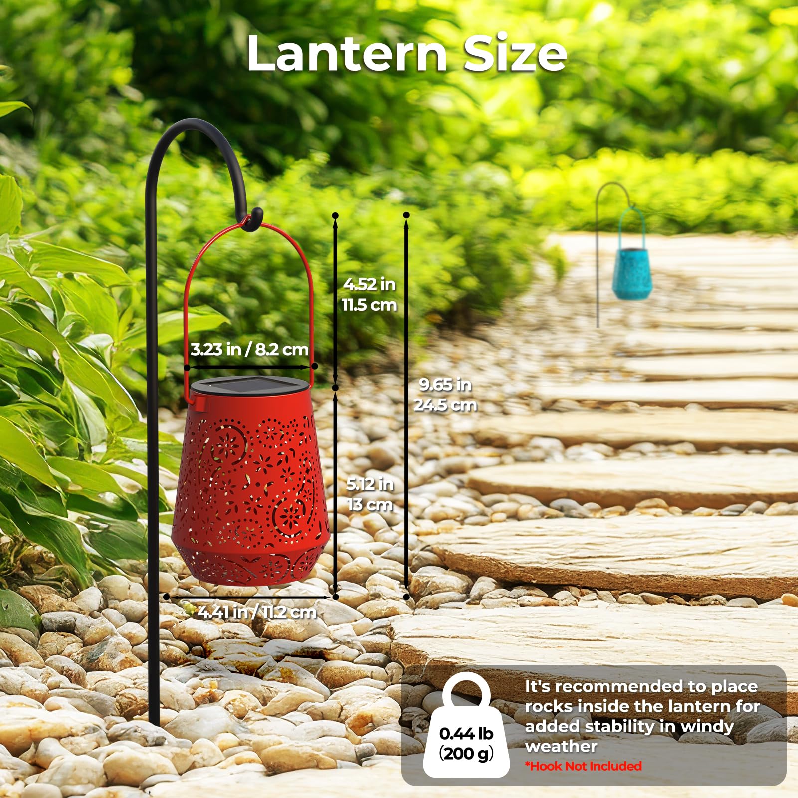 Solar panel and LED inside provide automatic light at dusk for OxyLED lanterns.
