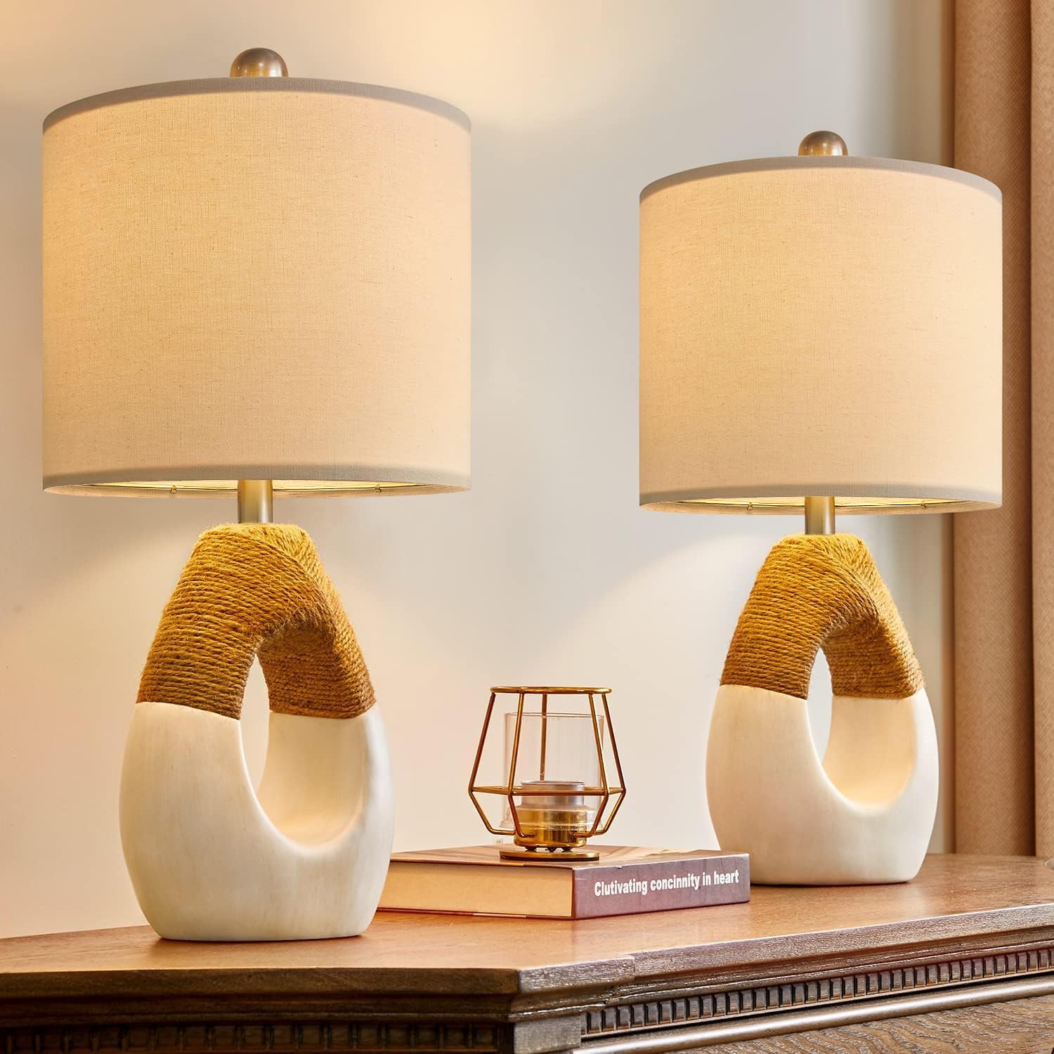OYEARS 19-inch egg-shape boho table lamp pair for bedrooms, ideal for small spaces
