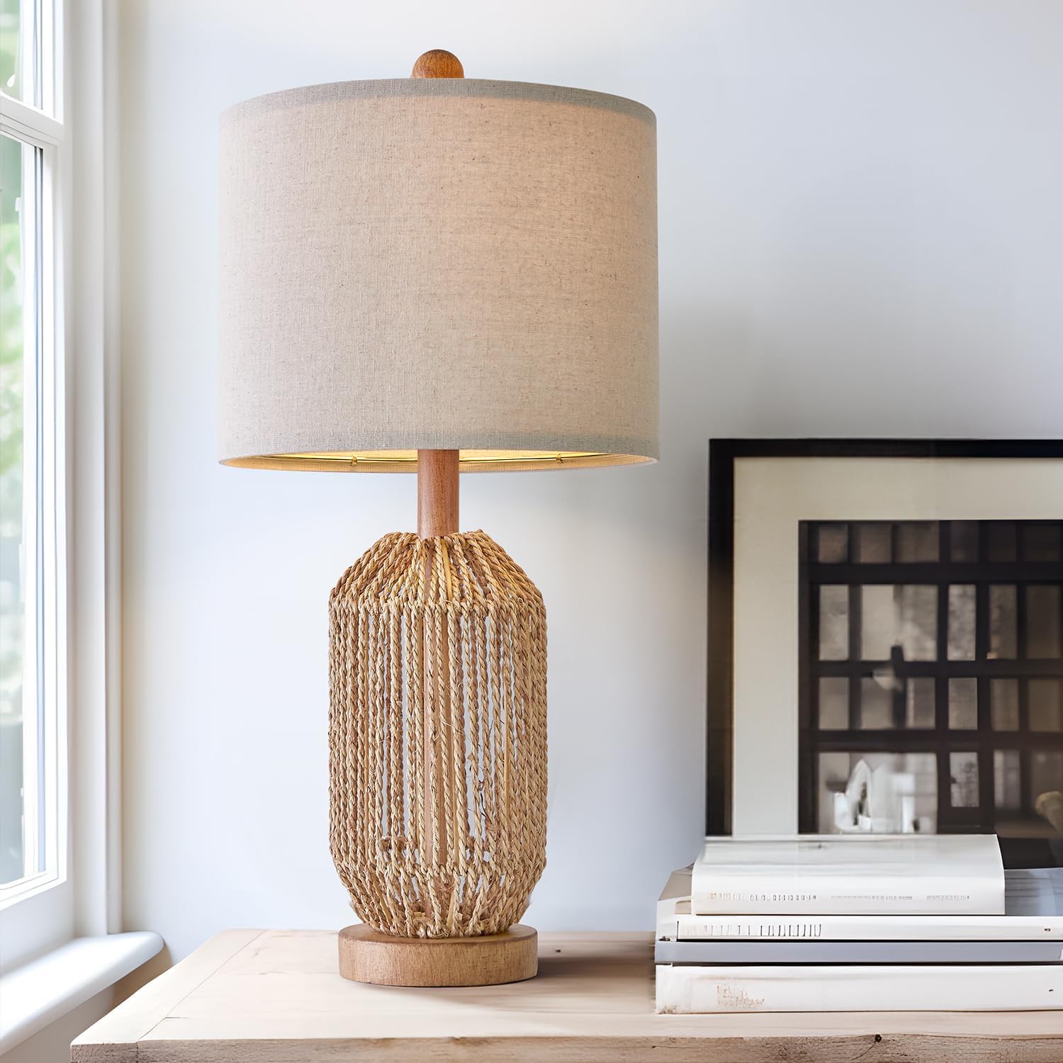 OYEARS bedroom decor lamp in oak-toned wood base for rustic style.