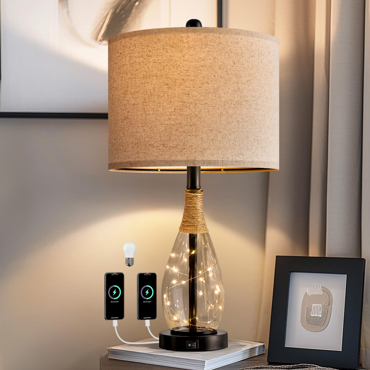 OYEARS bedside lamp with USB top light and night light, cozy ambient glow