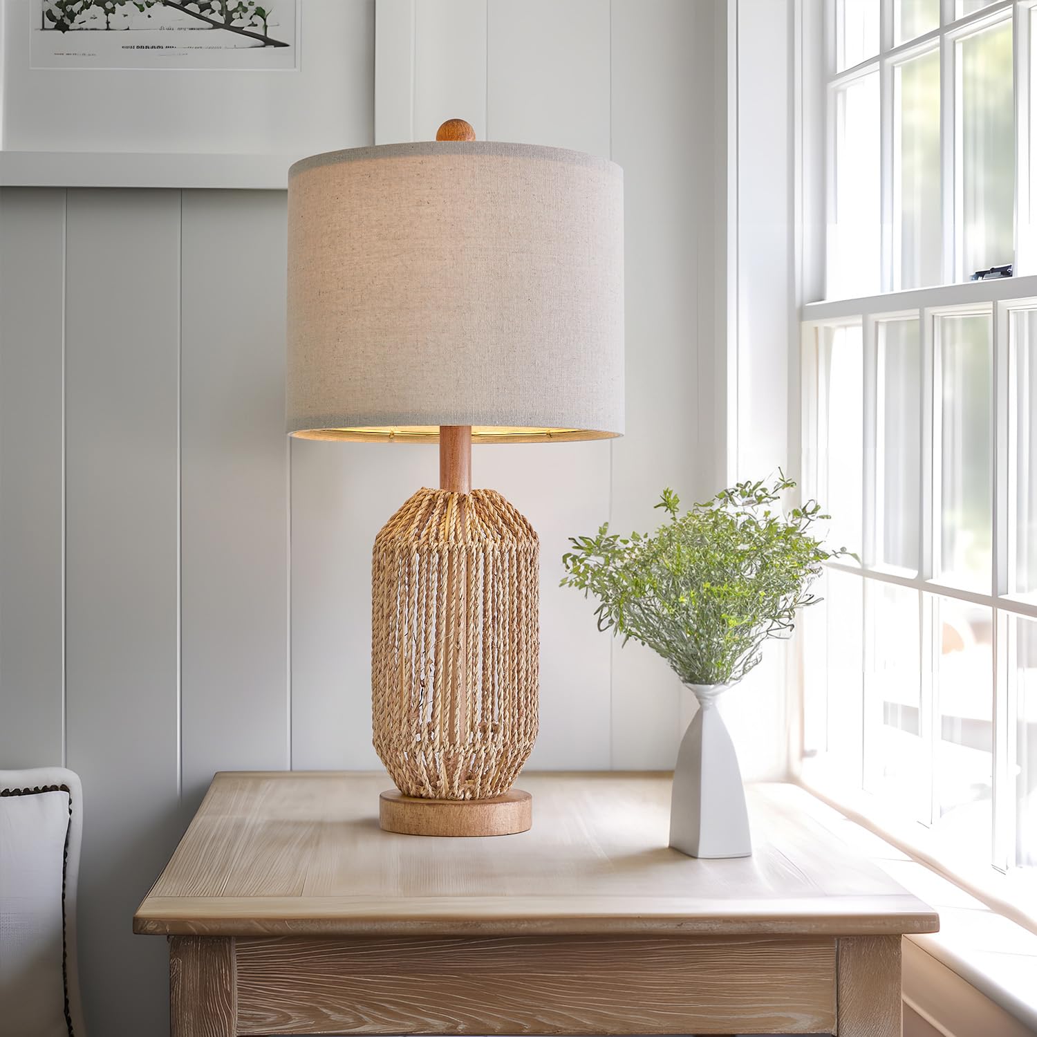 OYEARS boho table lamp linen shade close up showing soft light.