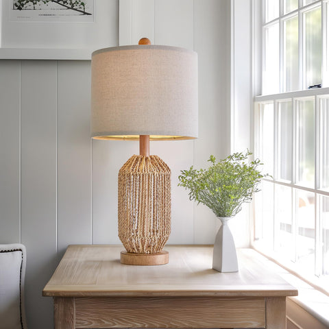 OYEARS boho table lamp linen shade close up showing soft light.
