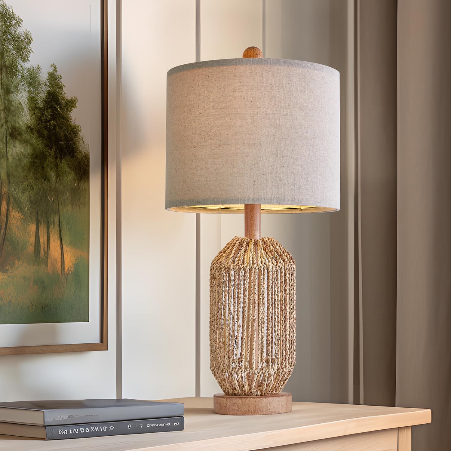 OYEARS boho table lamp with woven twine base for warm living room ambiance.