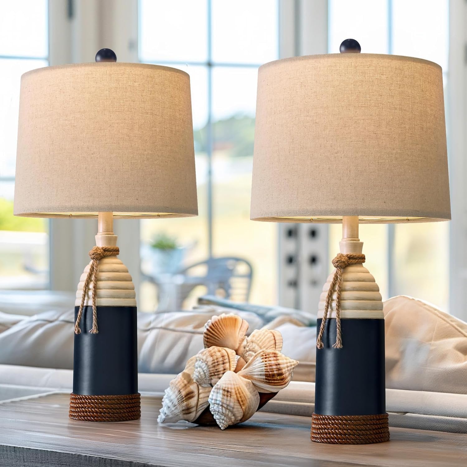 OYEARS linen shade on navy blue lamp delivering soft, eye-friendly lighting