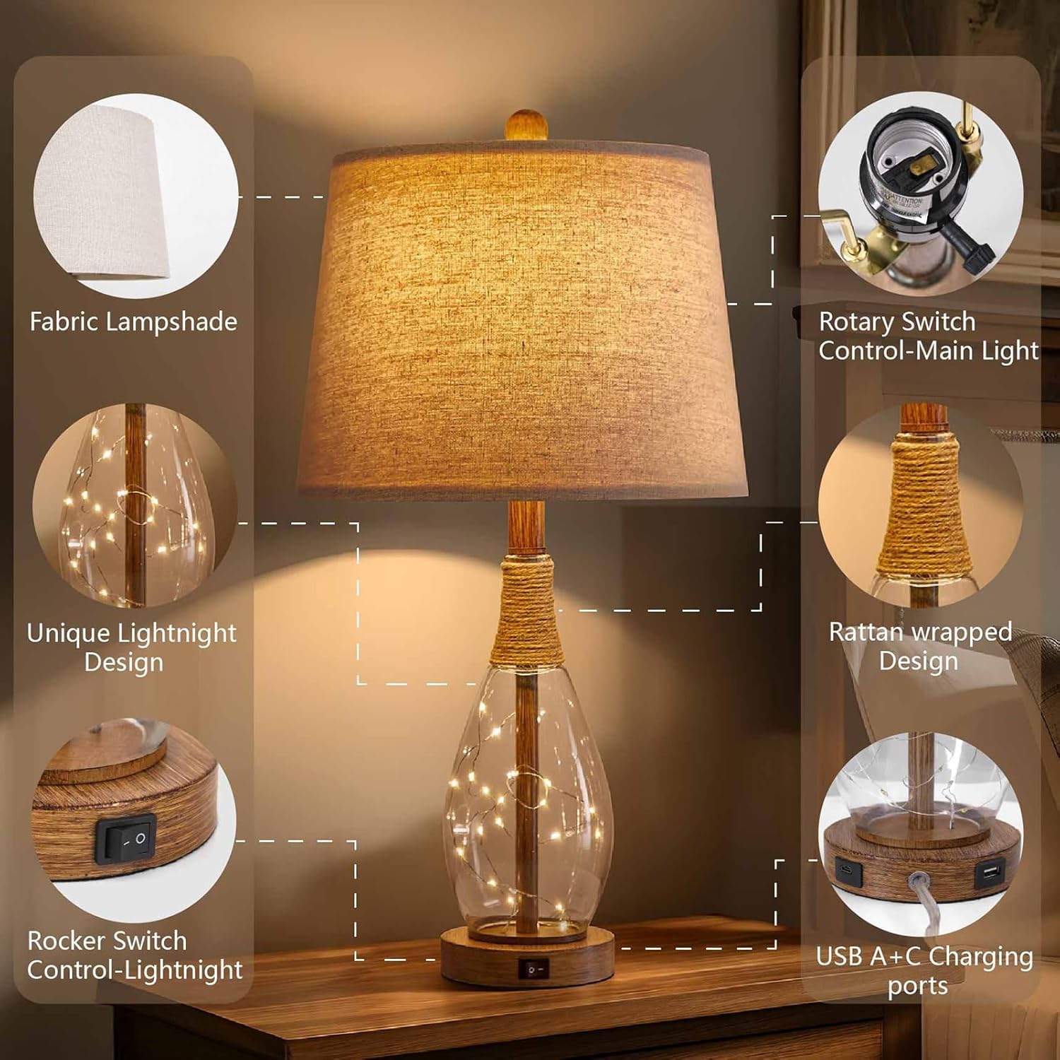 OYEARS rattan rope detail adds boho character to nightstand.