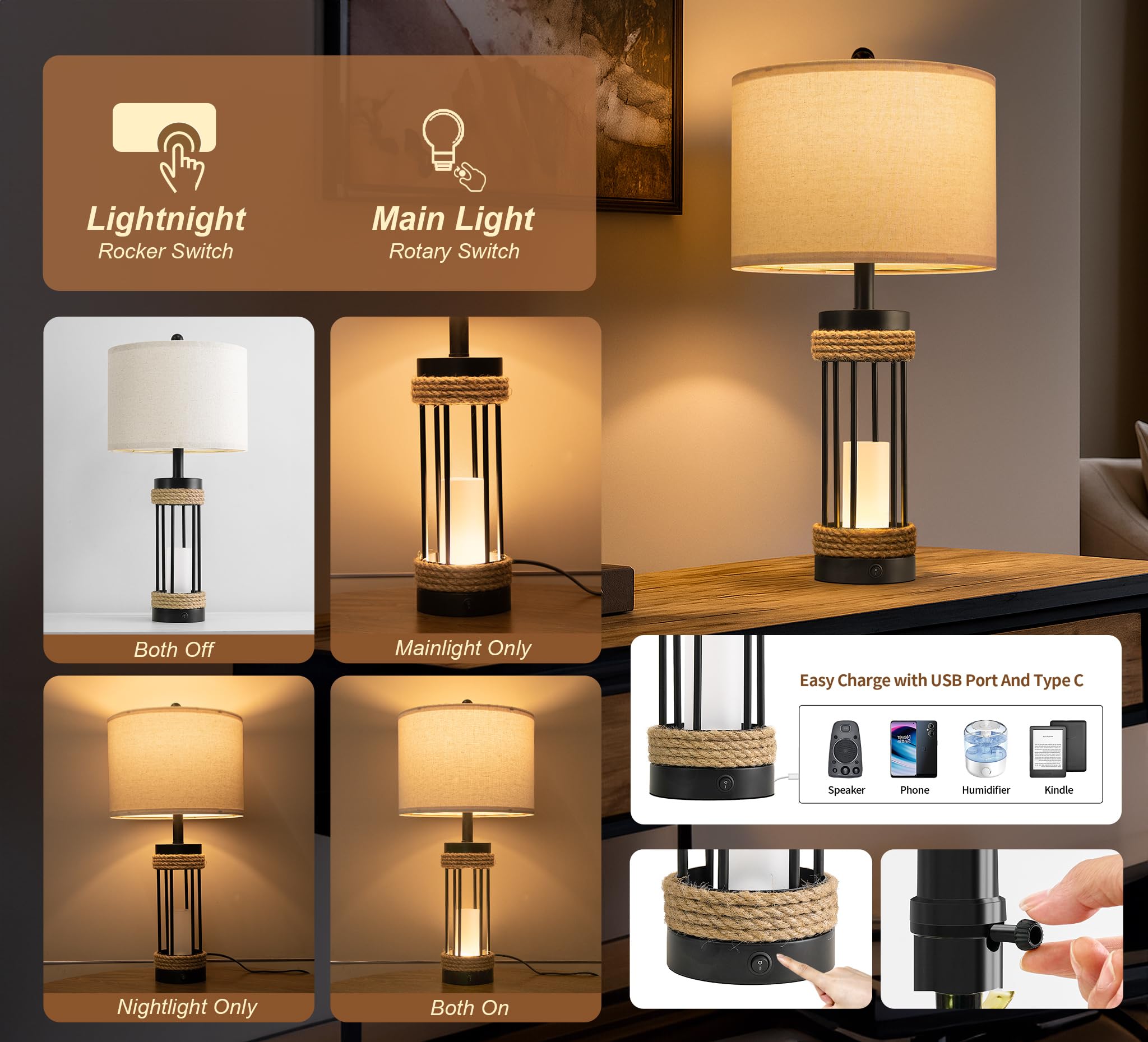 OYEARS 25-inch lamps with rope accent add rustic charm to your bedside.