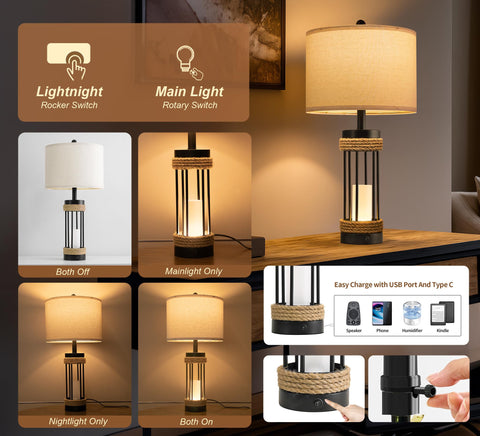 OYEARS 25-inch lamps with rope accent add rustic charm to your bedside.