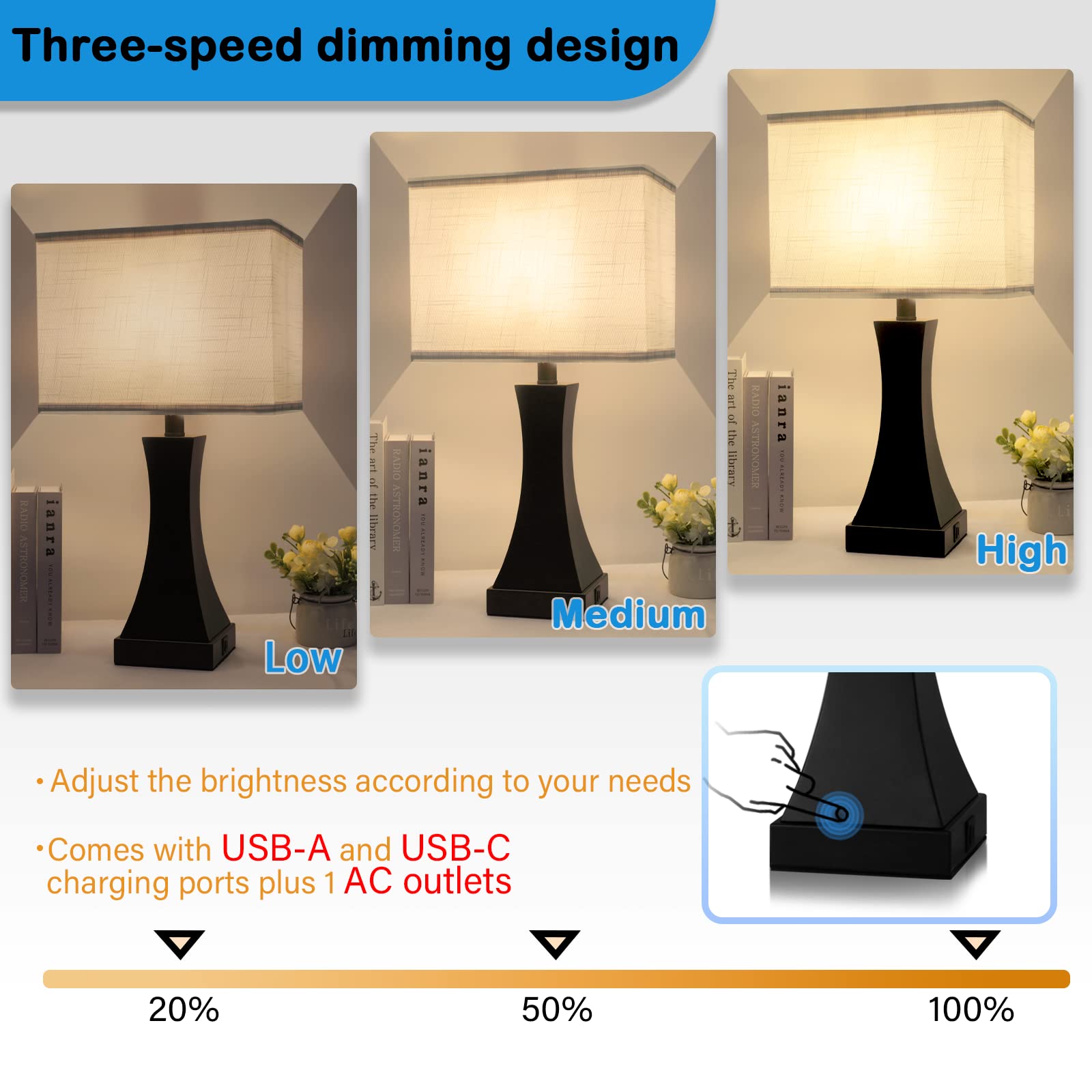 OYedis Table Lamp USB-A/C ports support convenient charging at night.