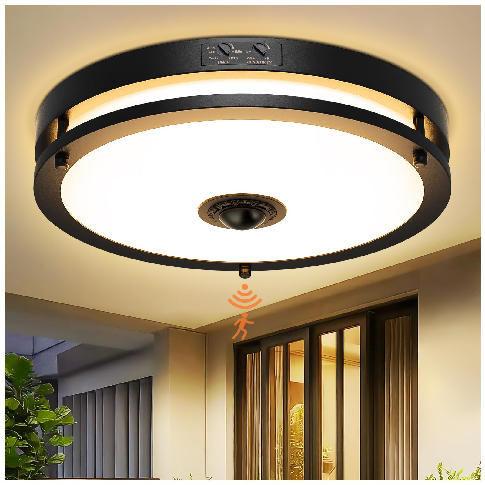 OYKYOHEI 24W motion sensor outdoor ceiling light illuminates the porch at dusk.