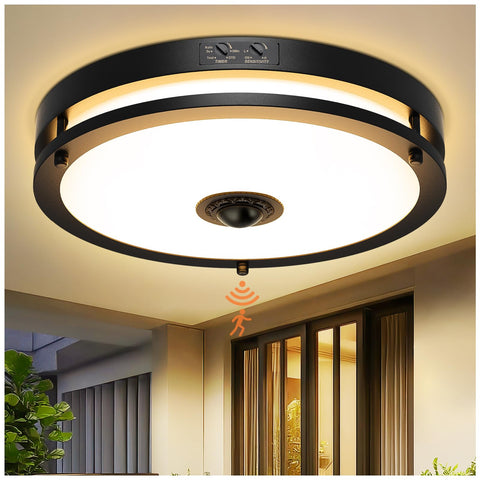 OYKYOHEI 24W motion sensor outdoor ceiling light illuminates the porch at dusk.