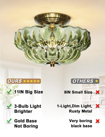 OYKYOHEI three-bulb globe with green glass shade adds elegant ambiance and floral detail.