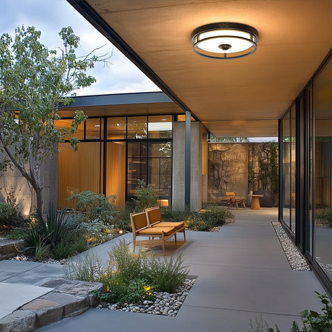 OYKYOHEI flush-mount LED outdoor ceiling light installed on exterior wall for porch lighting.