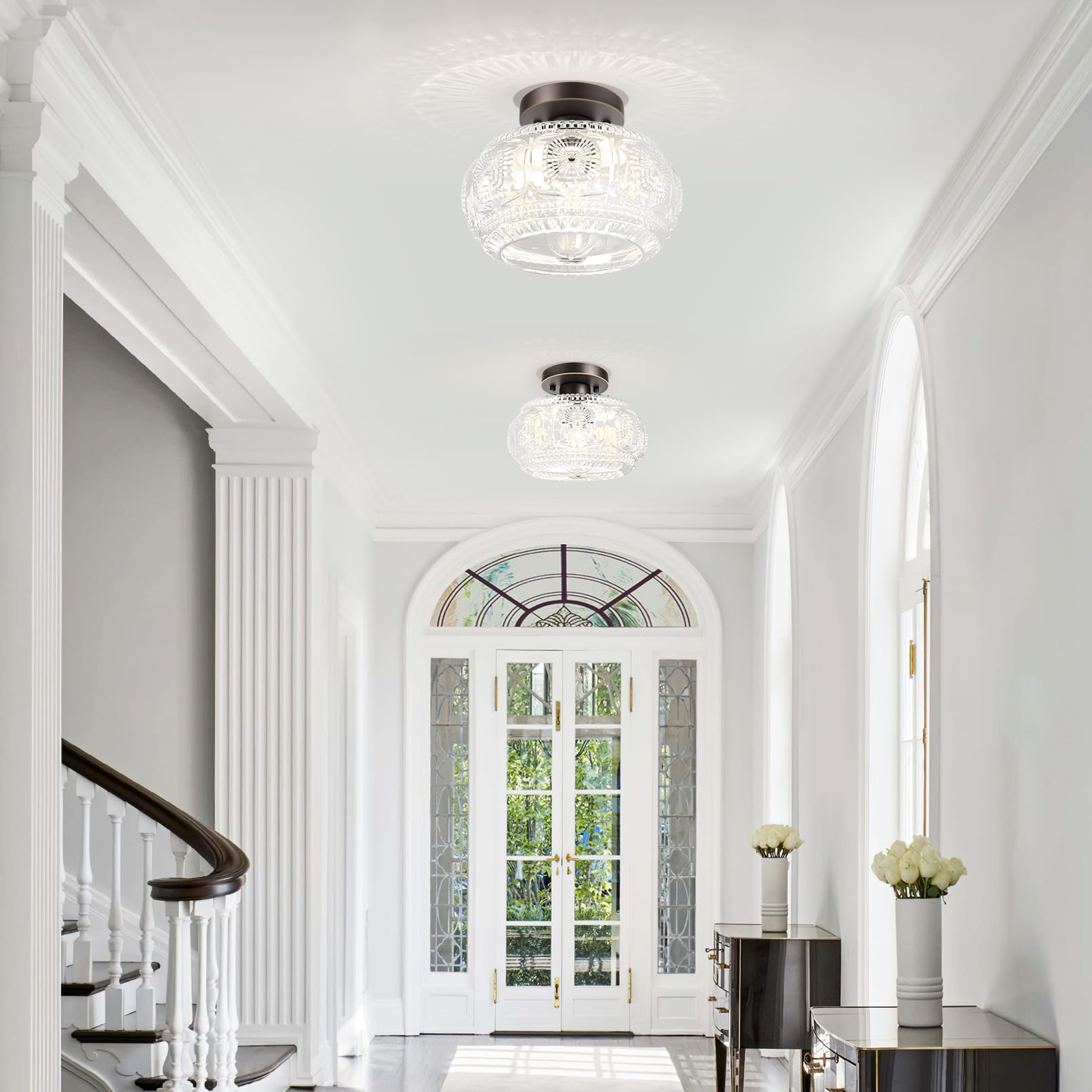 OYKYOHEI globe glass shade on bronze-gold fixture adds vintage-modern charm.
