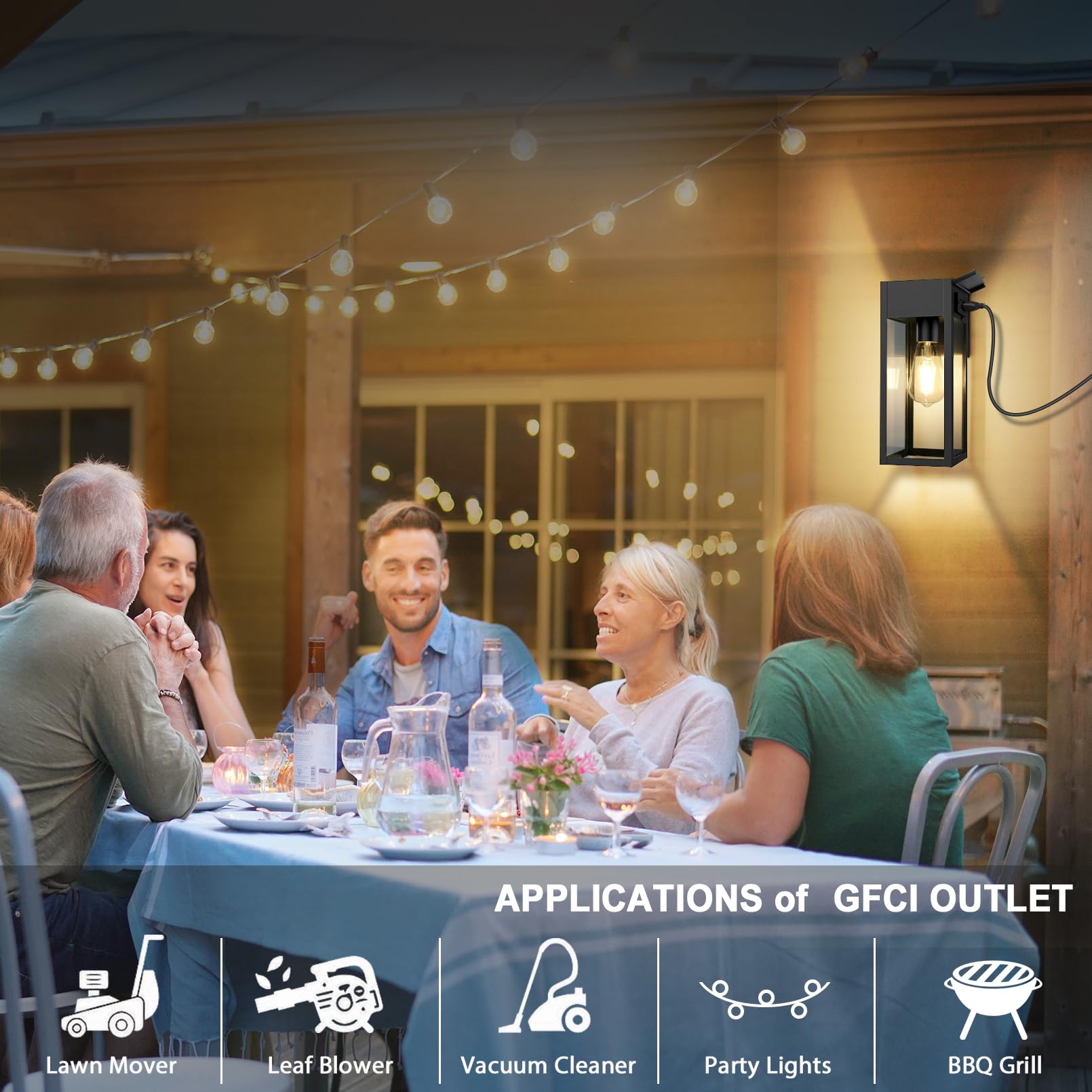 GFCI-enabled porch light by OYKYOHEI powers outdoor devices safely.