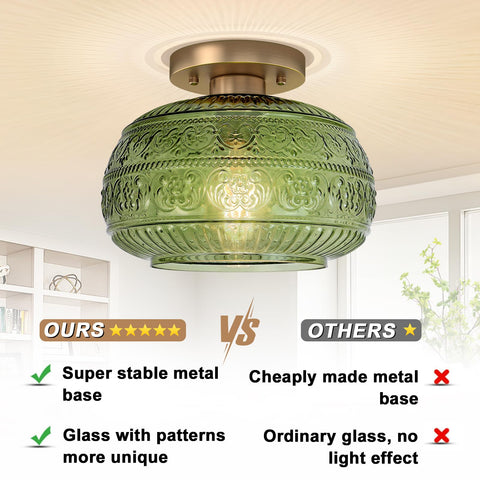 OYKYOHEI semi flush green glass gold fixture close-up shade; highlights texture and soft illumination possibilities.