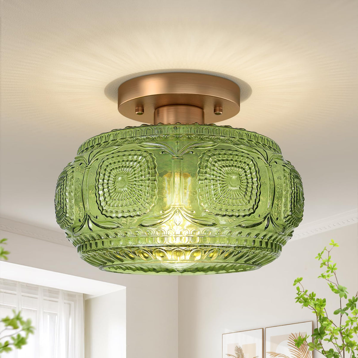 OYKYOHEI semi flush mount with green globe shade providing warm hallway ambience