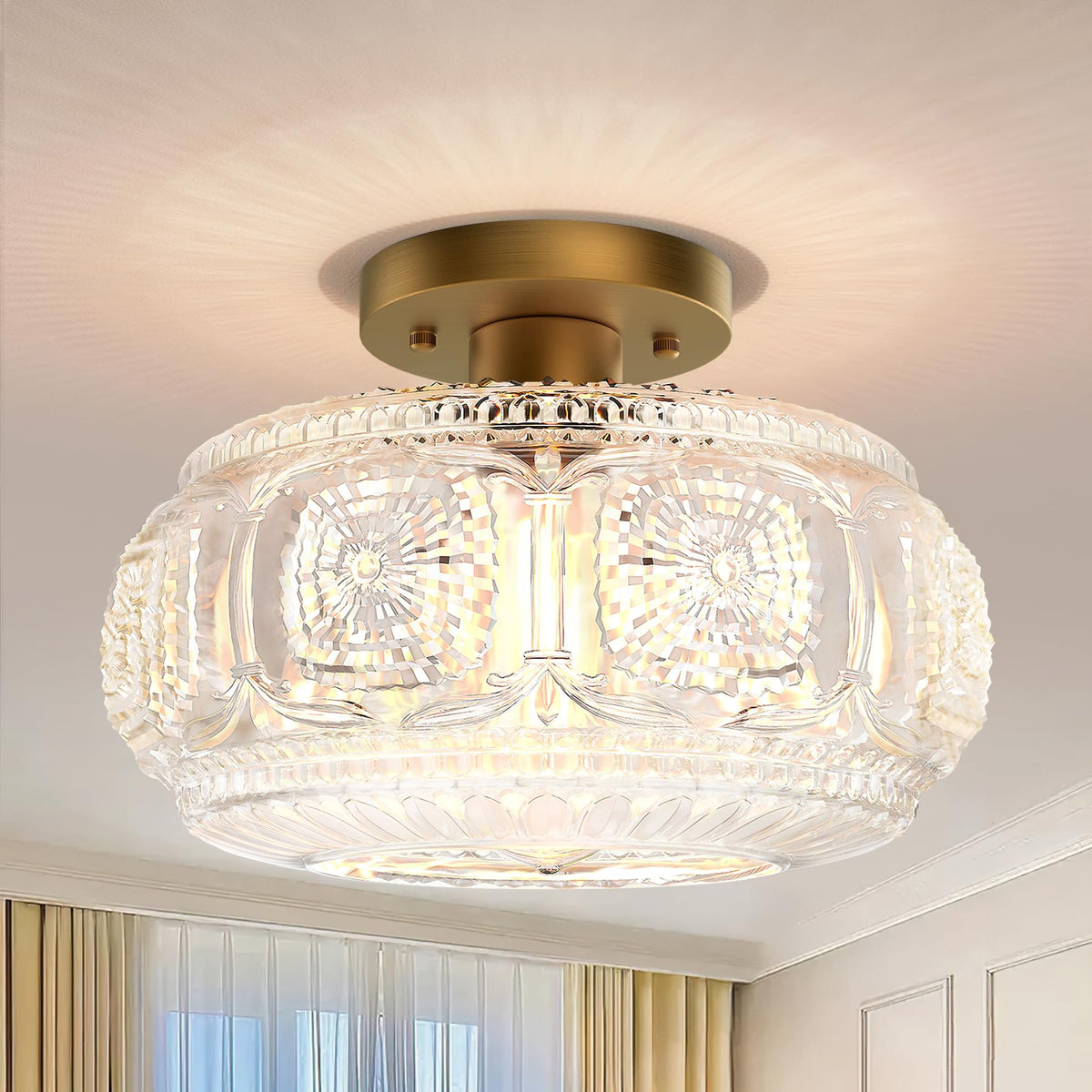 OYKYOHEI semi-flush mount large gold glass shade brightens living spaces