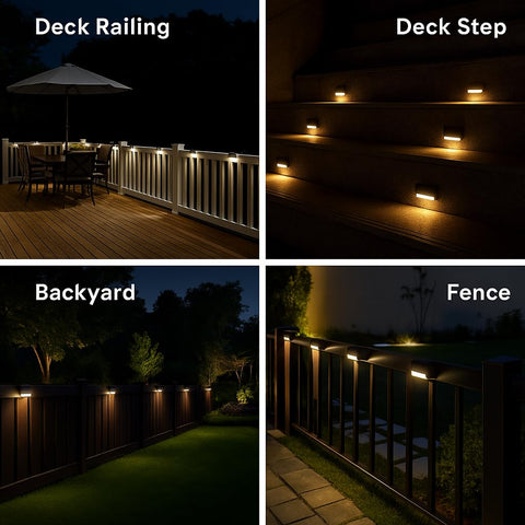 OZEM deck rail lights along a railing with warm glow