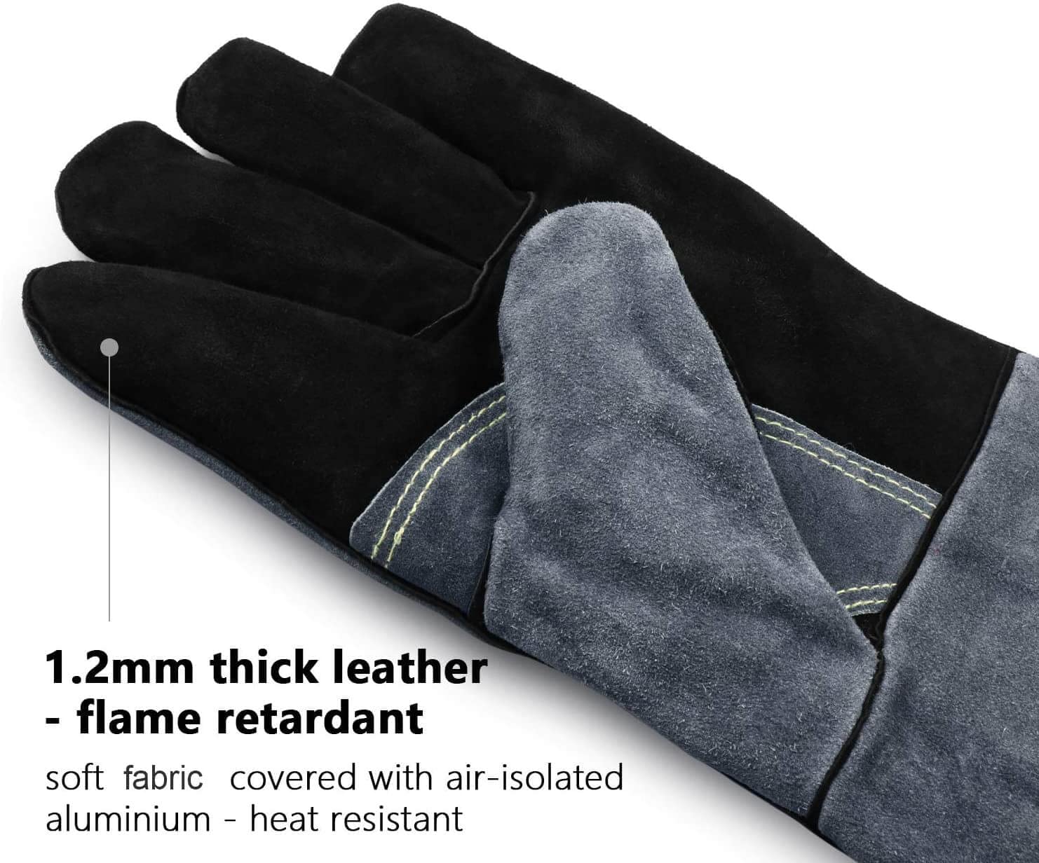 OZERO Grill Gloves leather detail shows 1.2 mm cowhide durability