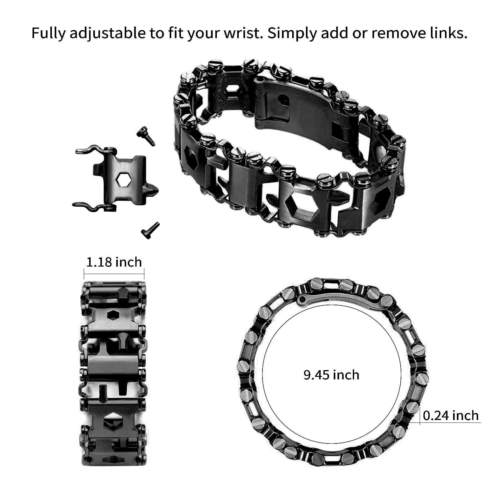 Ozzagar multitool bracelet adjustable-links showcases customizable fit for comfortable daily wear.