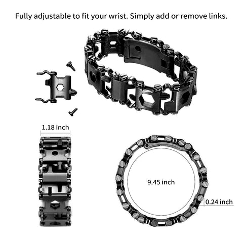 Ozzagar multitool bracelet adjustable-links showcases customizable fit for comfortable daily wear.