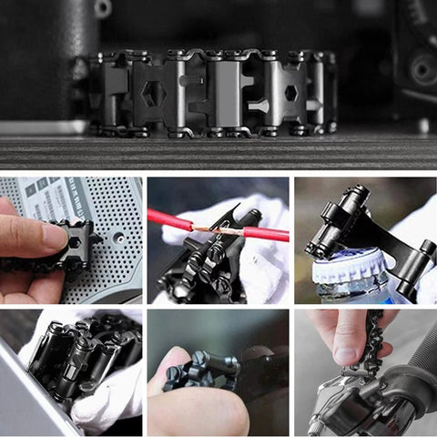 Ozzagar multitool bracelet close-up tools highlights hex drives and screwdrivers for quick fixes.