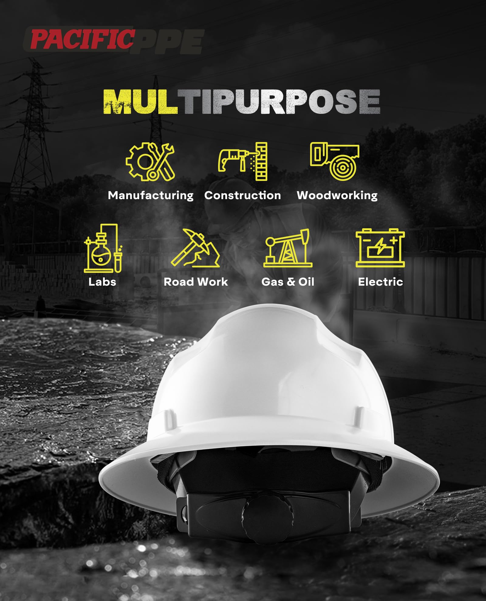 PACIFIC PPE full brim hard hat back view highlighting lightweight HDPE construction.