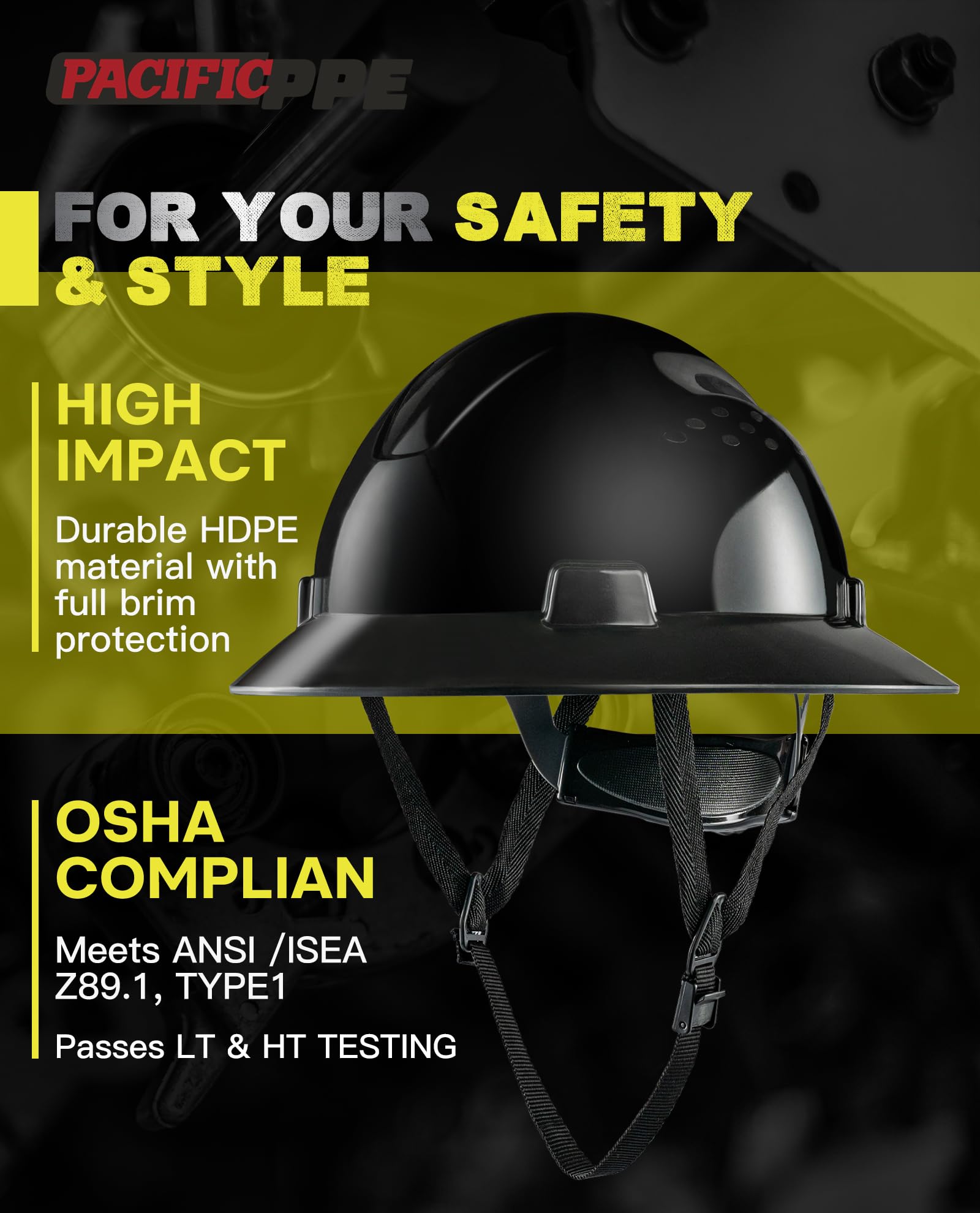PACIFIC PPE Full Brim Hard Hat side view demonstrates secure fit for all-day comfort.
