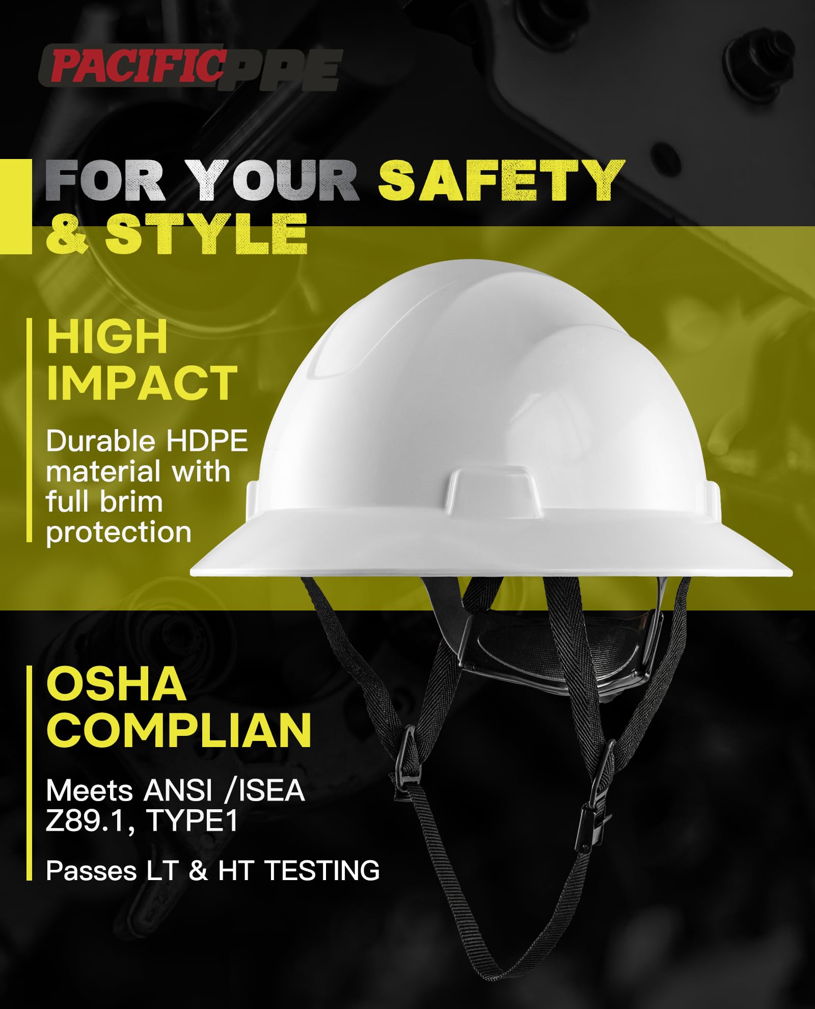 PACIFIC PPE full brim hard hat side view with 4-point suspension for secure fit.