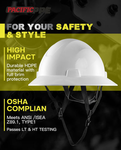 PACIFIC PPE full brim hard hat side view with 4-point suspension for secure fit.