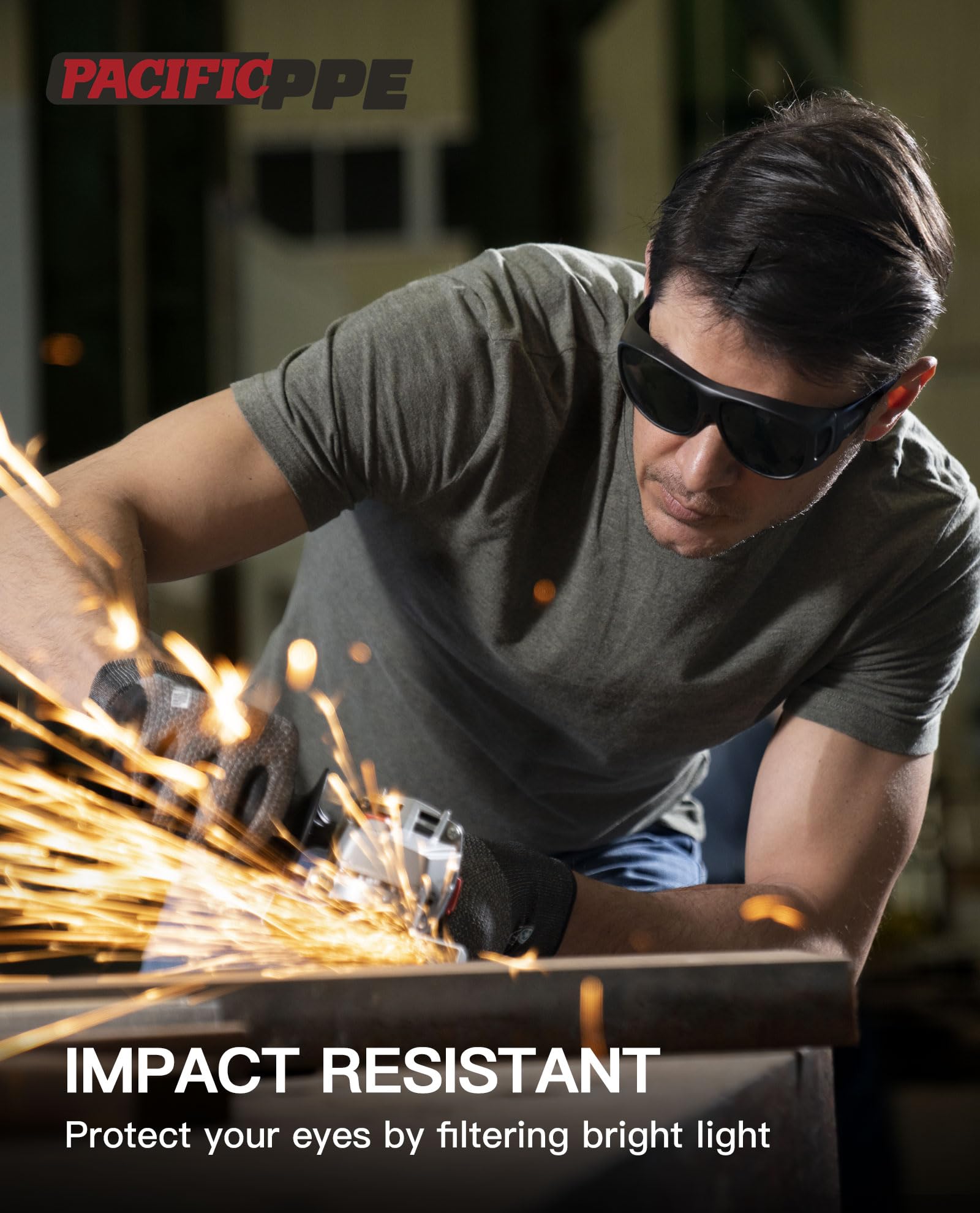 PACIFIC PPE IR5 green-tinted lenses filter bright light for precise metalwork.