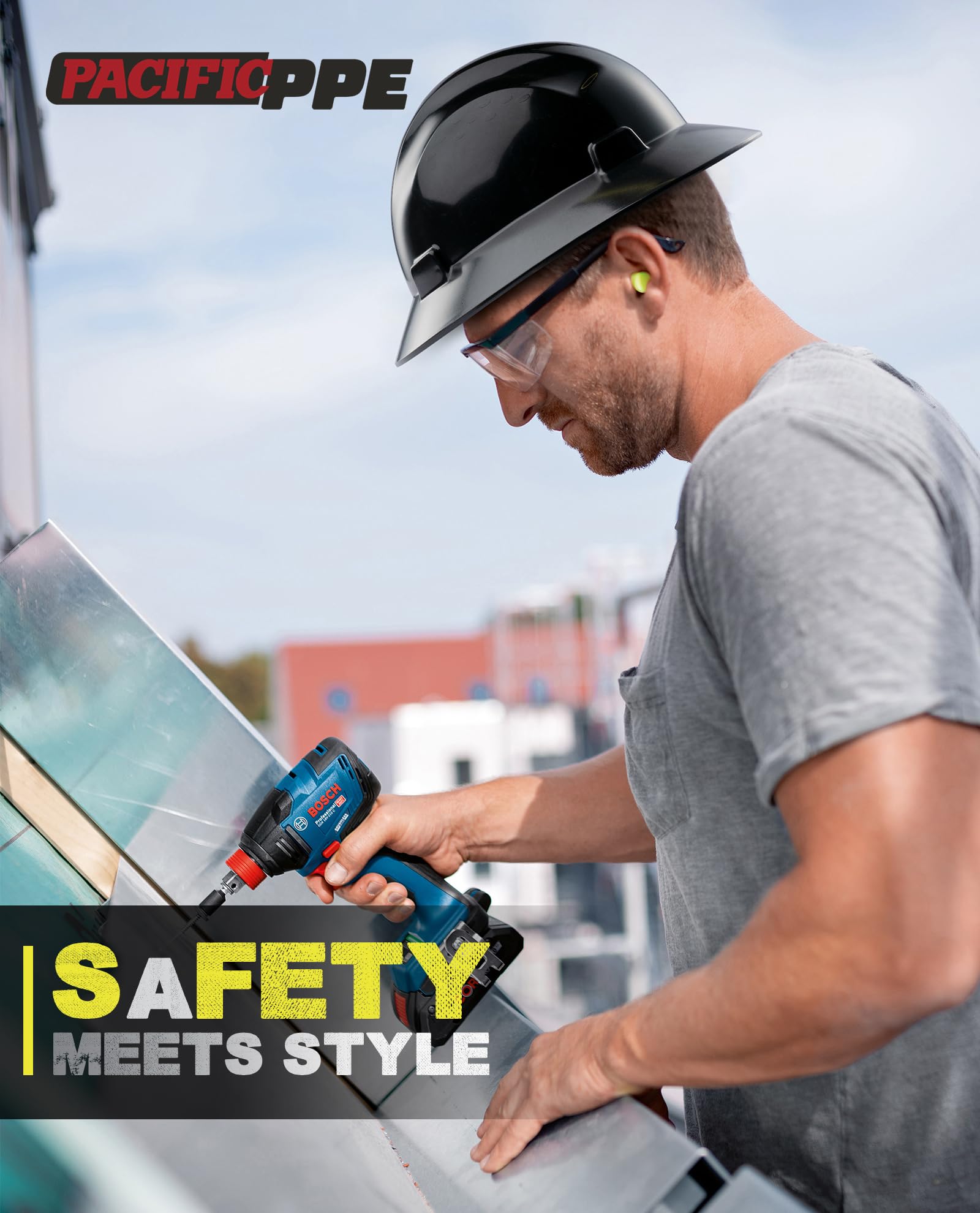 PACIFIC PPE Outdoor work scene with hard hat on a windy job site.