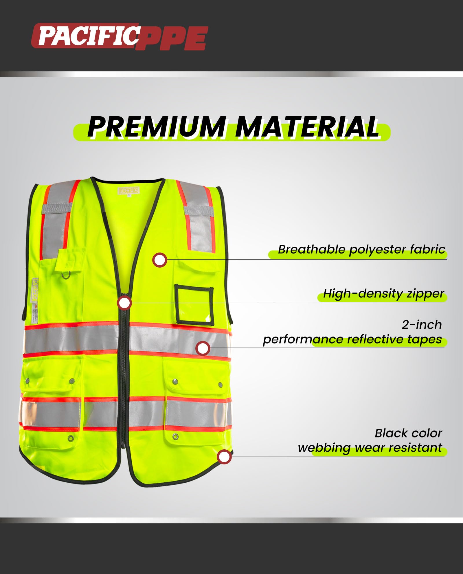 PACIFIC PPE safety vest back view highlighting extended edge trim and coverage
