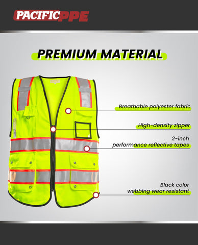 PACIFIC PPE safety vest back view highlighting extended edge trim and coverage
