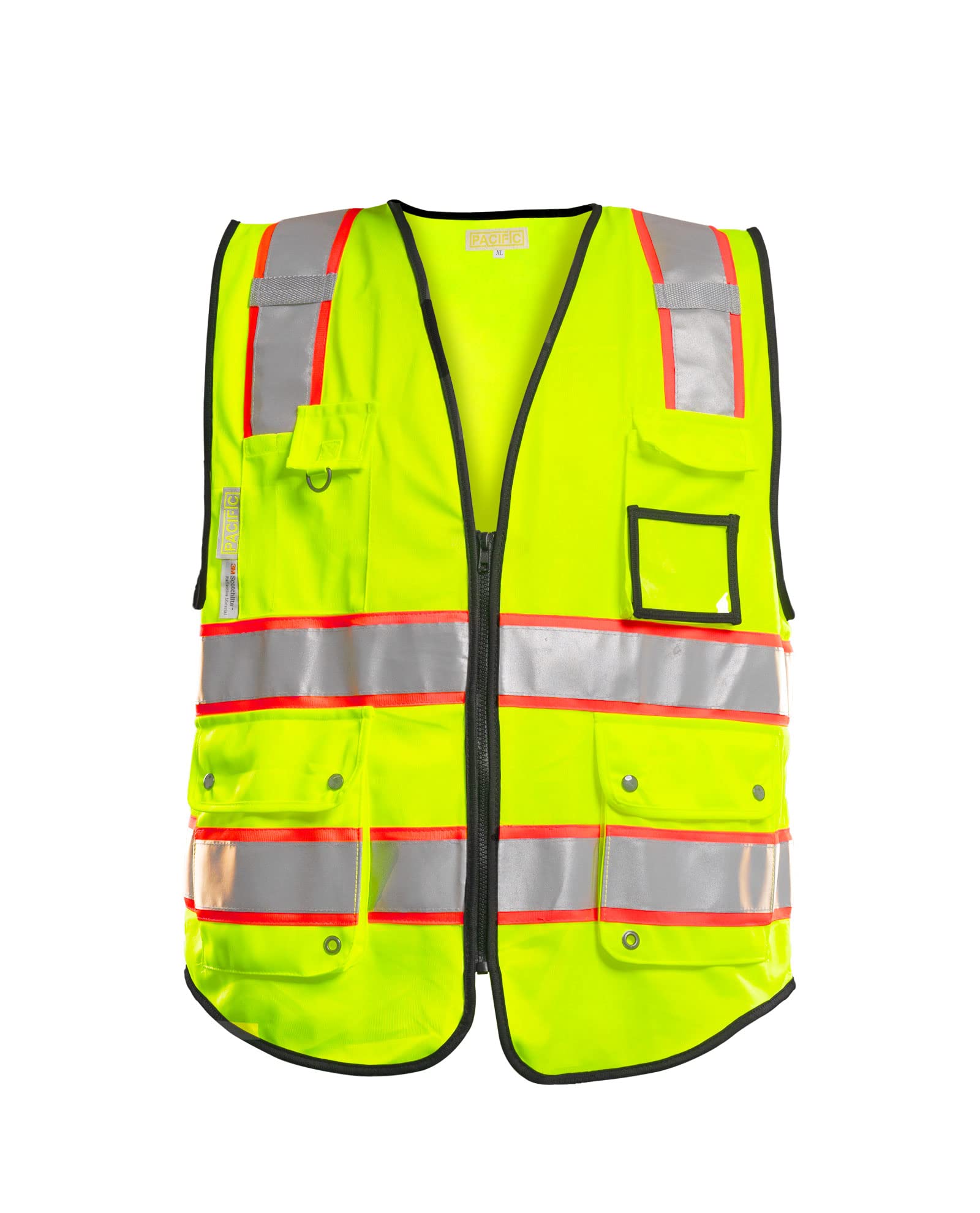 PACIFIC PPE safety vest front view with high visibility yellow and reflective strips