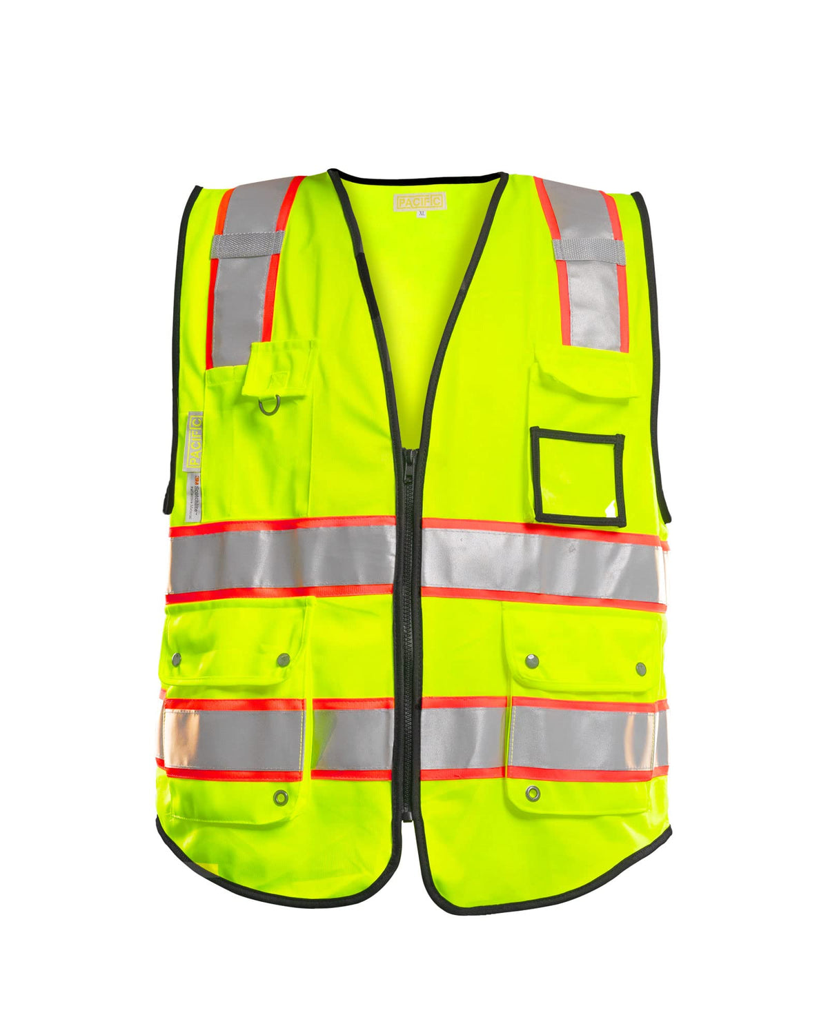 PACIFIC PPE safety vest front view with high visibility yellow and reflective strips