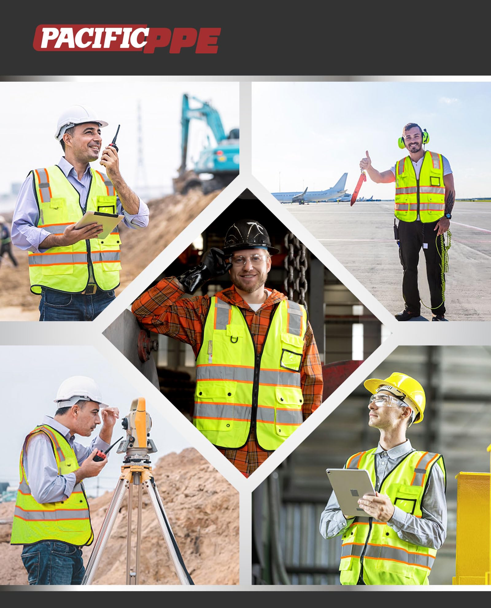 PACIFIC PPE safety vest pocket features include mic tabs and ID holders