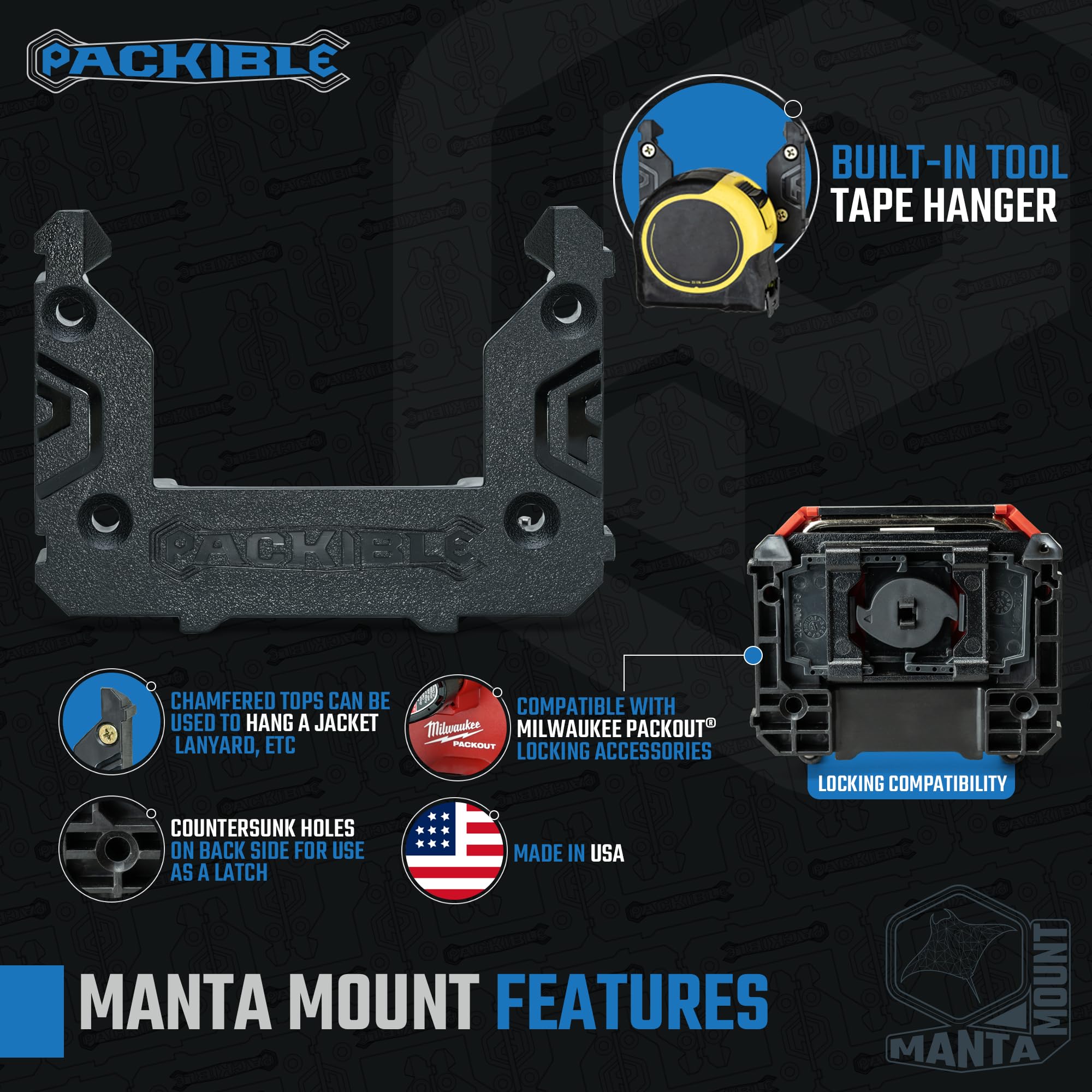 Packible Manta Mount securely attached to a Milwaukee Packout box.