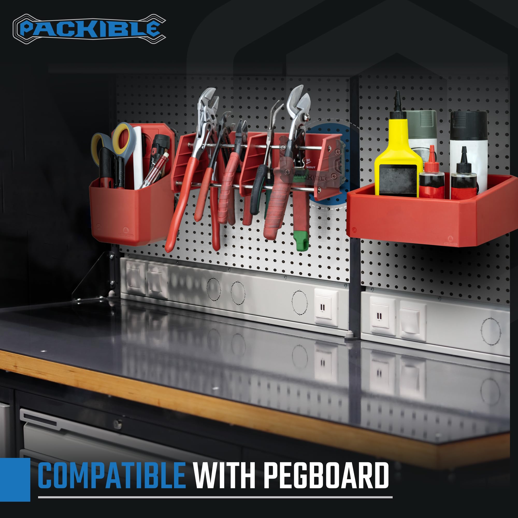 Packible Manta Mount shown with pegboard compatibility for versatile hanging options.